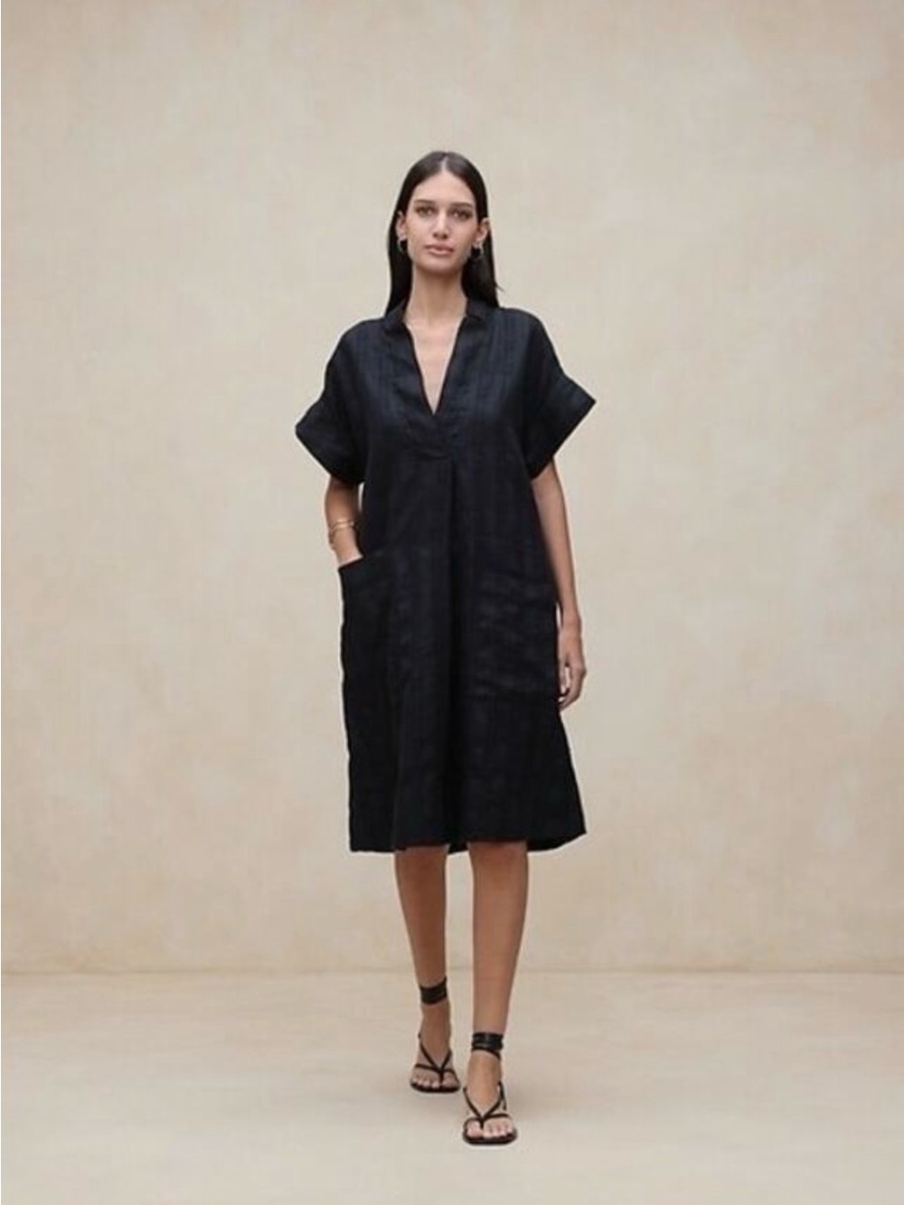 Banana Republic Black Short-Sleeve V-Neck Midi Dress